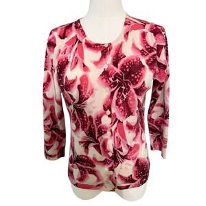 Garnet Hill Pink Fuschia Merino Wool Lightweight Floral Cardigan Small  Classic